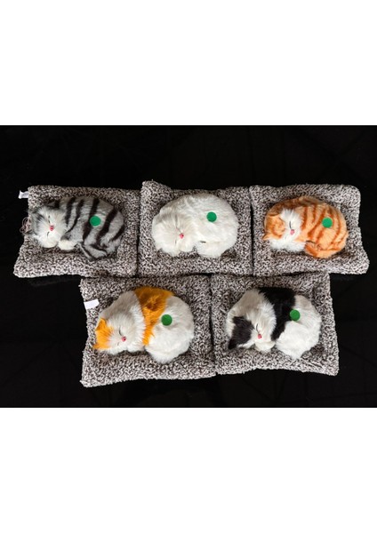 Gri Tekir Desenli Peluş Sesli Uyuyan Kedi Figürü - Oto Dekor Hediyelik Biblo