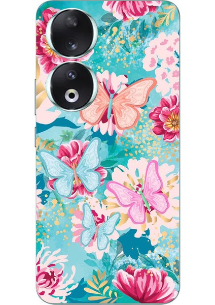 Honor 90 Uyumlu Kelebekler ve Çiçekler Baskılı Silikon Kılıf