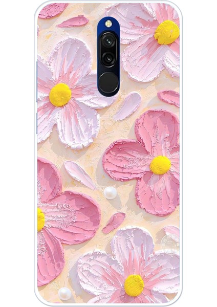 Redmi 8 Uyumlu Pembe Beyaz Çiçekler Sulu Boya Baskılı Silikon Kılıf