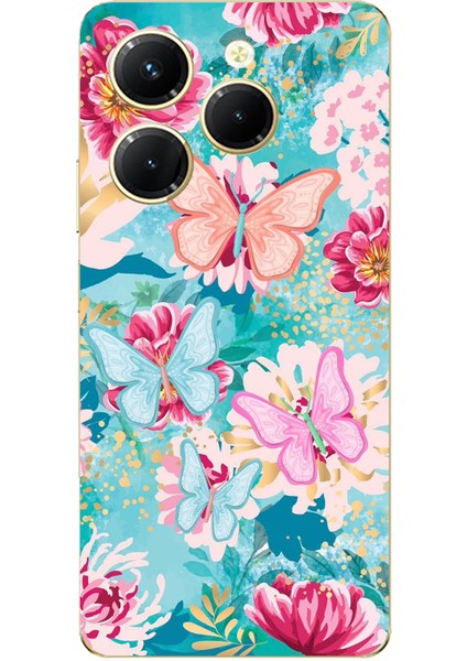 Tecno Spark 20 Pro Uyumlu Kelebekler ve Çiçekler Baskılı Silikon Kılıf