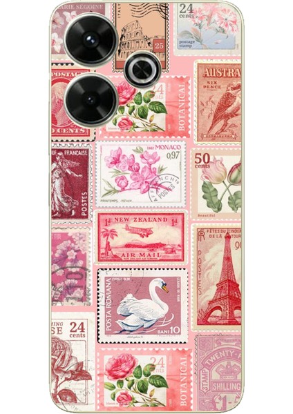 Redmi 13 Uyumlu Pembe Posta Pulları Baskılı Silikon Kılıf