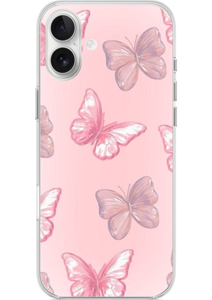 iPhone 16 Plus Uyumlu Pembe Kelebekler Baskılı Silikon Kılıf