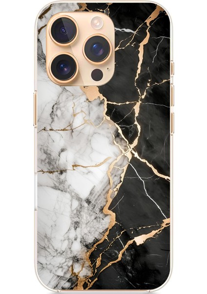 iPhone 16 Pro Uyumlu Siyah Beyaz Mermer Baskılı Silikon Kılıf