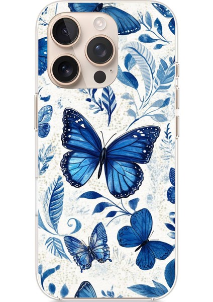 iPhone 16 Pro Max Uyumlu Mavi Kelebekler Baskılı Silikon Kılıf
