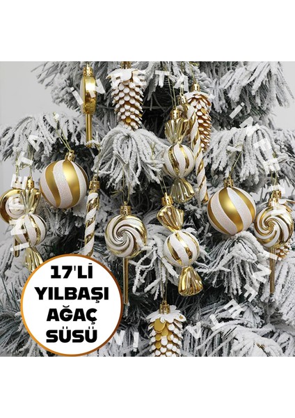 17'li Karışık Lüks Yılbaşı Çam Ağacı Süsü Gold Noel Şeker Kamışı Süsü