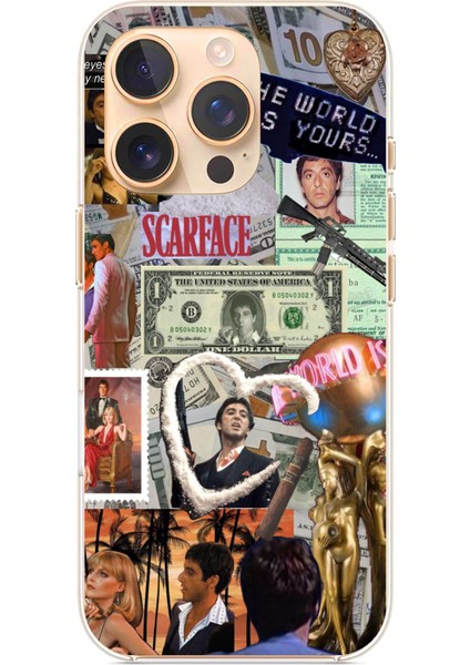 iPhone 16 Pro Uyumlu Scarface Kolaj Tasarımlı Baskılı Silikon Kılıf