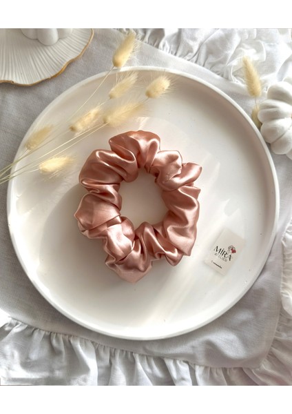 Kadın Saten Toka - Bronz Pudra – Tekli Lüks Lastik Model Scrunchie