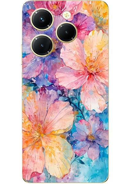 Tecno Spark 20 Pro Uyumlu Renkli Çiçekler Sulu Boya Baskılı Silikon Kılıf