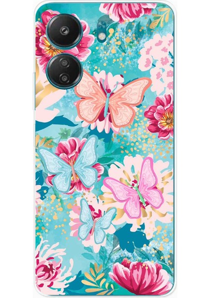 Redmi 13C - Poco C65 Uyumlu Kelebekler ve Çiçekler Baskılı Silikon Kılıf