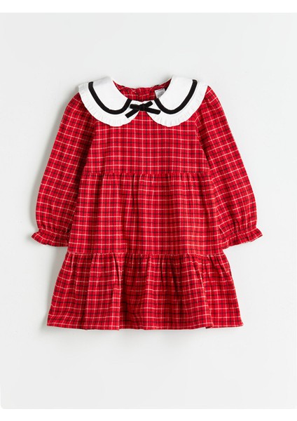 Yeni Sezon Bebe Yaka Ekose Desenli Kız Çocuk Elbise