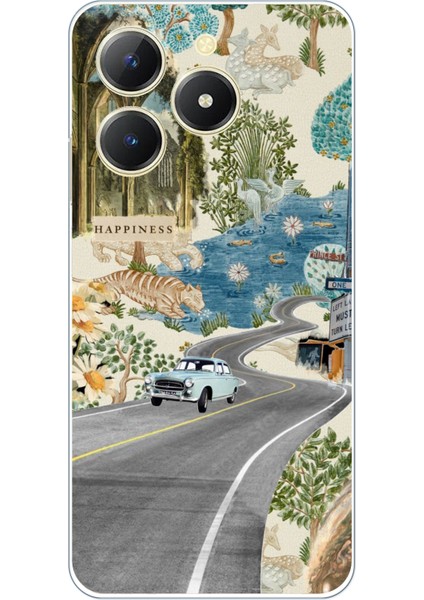 Realme C61 Uyumlu Yeşil Sanatsal Yol Çiçekler Baskılı Silikon Kılıf