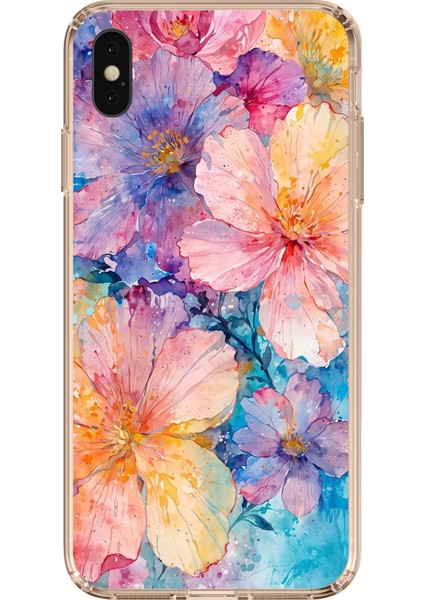 iPhone Xs Max Uyumlu Renkli Çiçekler Sulu Boya Baskılı Silikon Kılıf
