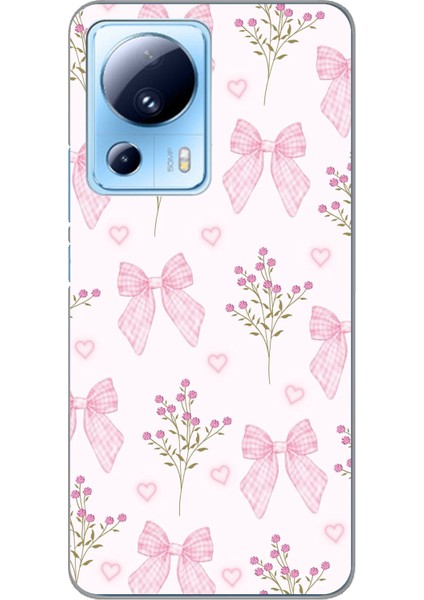 Xiaomi Mi 13 Lite Uyumlu Pembe Çiçek ve Fiyonklar Baskılı Silikon Kılıf