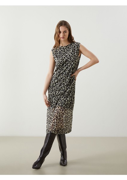 Yeni Sezon Bisiklet Yaka Leopar Desenli Elbise