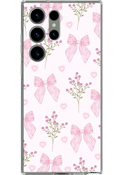 Samsung Galaxy S23 Ultra Uyumlu Pembe Çiçek ve Fiyonklar Baskılı Silikon Kılıf