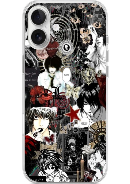 iPhone 16 Plus Uyumlu Death Note Kolaj Tasarımlı Baskılı Silikon Kılıf