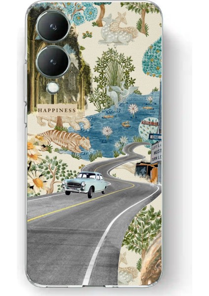 Vivo Y17S Uyumlu Yeşil Sanatsal Yol Çiçekler Baskılı Silikon Kılıf