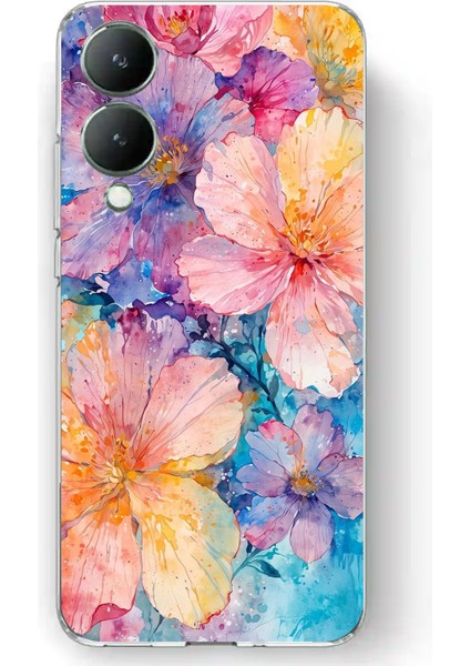 Vivo Y17S Uyumlu Renkli Çiçekler Sulu Boya Baskılı Silikon Kılıf