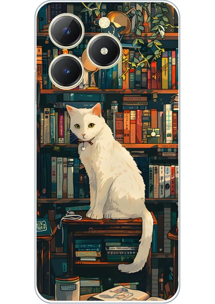 Realme C61 Uyumlu Kitaplık Beyaz Kedi Tasarımlı Baskılı Silikon Kılıf