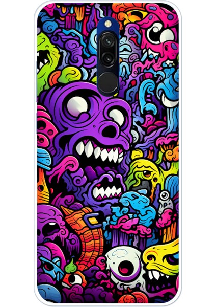 Redmi 8 Uyumlu Psikodeli Renkli Canavarlar Baskılı Silikon Kılıf