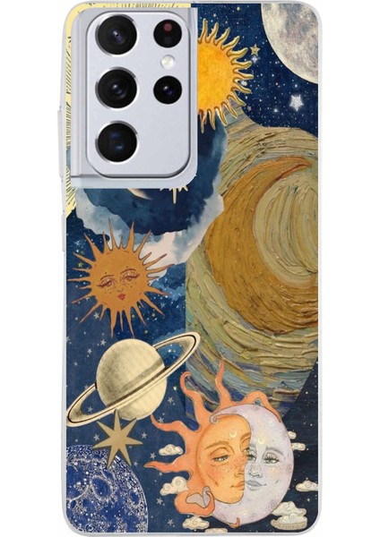 Samsung Galaxy S21 Ultra Uyumlu Güneş ve Ay Evren Tasarımlı Baskılı Silikon Kılıf