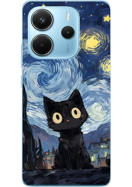 Redmi Note 14 4g Uyumlu Gece Yarısı Kedi Tasarımlı Baskılı Silikon Kılıf