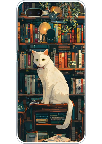Oppo A5S-AX7-A12 Uyumlu Kitaplık Beyaz Kedi Tasarımlı Baskılı Silikon Kılıf