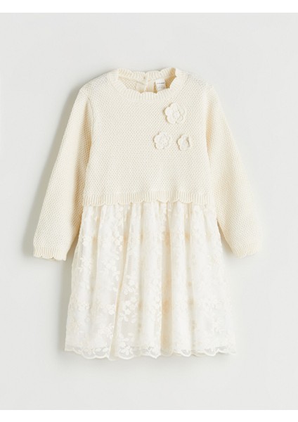 Yeni Sezon Çiçek Aplikeli Kız Çocuk Tüllü Elbise