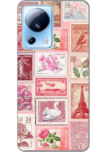 Xiaomi Mi 13 Lite Uyumlu Pembe Posta Pulları Baskılı Silikon Kılıf
