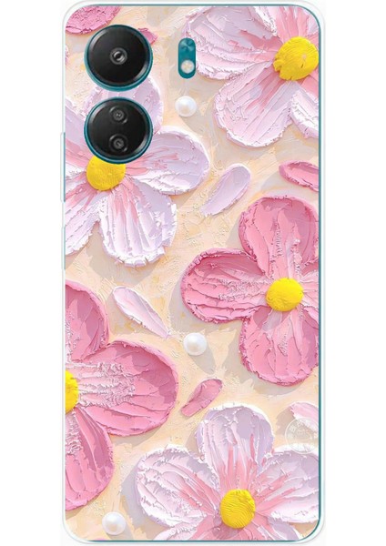 Redmi 13C - Poco C65 Uyumlu Pembe Beyaz Çiçekler Sulu Boya Baskılı Silikon Kılıf