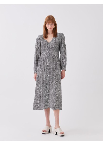 Yeni Sezon V Yaka Desenli Uzun Kollu Elbise