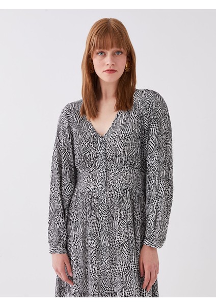 Yeni Sezon V Yaka Desenli Uzun Kollu Elbise fiyatları