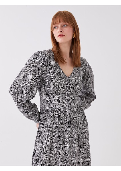 Yeni Sezon V Yaka Desenli Uzun Kollu Elbise modelleri