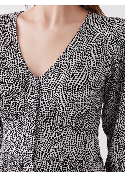 Yeni Sezon V Yaka Desenli Uzun Kollu Elbise fırsatları