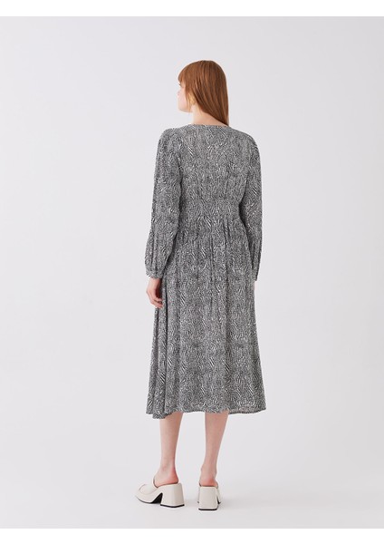 Yeni Sezon V Yaka Desenli Uzun Kollu Elbise indirimleri