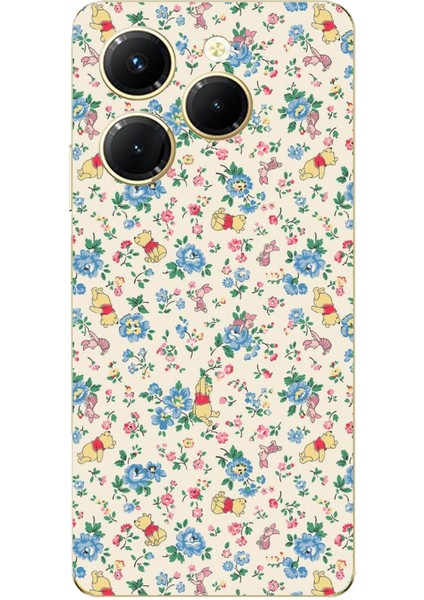 Tecno Spark 20 Pro Uyumlu Ayı Winnie Pooh ve Çiçekler Baskılı Silikon Kılıf