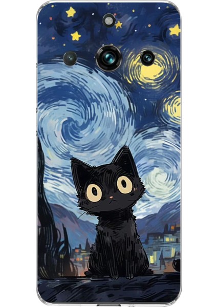 Realme 11 Pro-Pro Plus Uyumlu Gece Yarısı Kedi Tasarımlı Baskılı Silikon Kılıf
