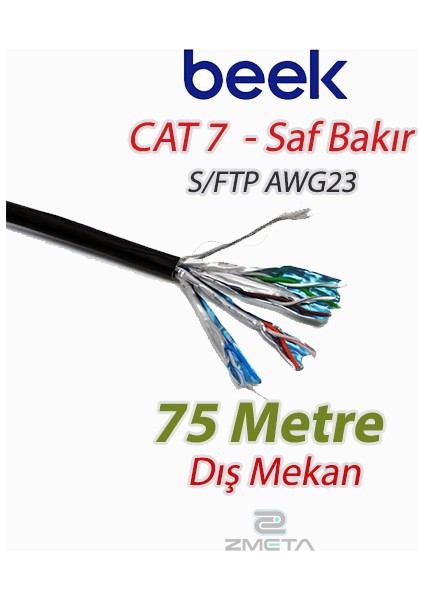 Cat7 - 75 Metre Saf Bakır S/ftp AWG23 Spe Dış Mekan Data Kablosu, Siyah Renk