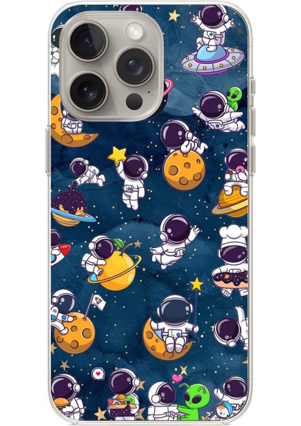 iPhone 15 Pro Max Uyumlu Minik Astronotlar Uzayda Baskılı Silikon Kılıf