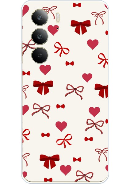 Realme C75 Uyumlu Bordo Kalp ve Fiyonklar Baskılı Silikon Kılıf
