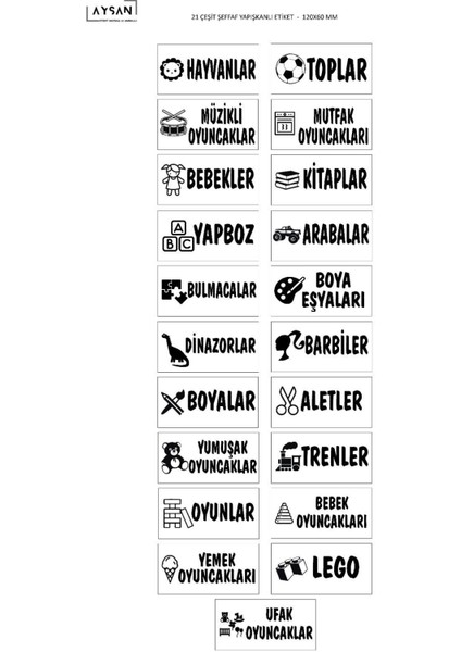 Oyuncak Kutu Ayırma Etiketi 21 Çeşit Şeffaf 60MM x 120MM