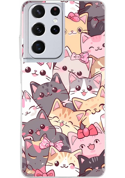Samsung Galaxy S21 Ultra Uyumlu Sevimli Kediler Baskılı Silikon Kılıf