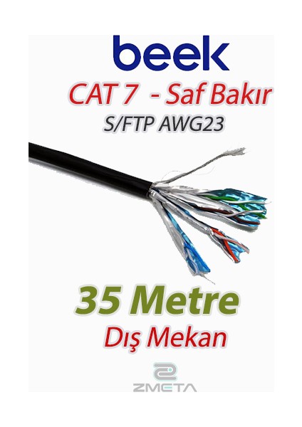 Cat7 - 35 Metre Saf Bakır S/ftp AWG23 Spe Dış Mekan Data Kablosu, Siyah Renk