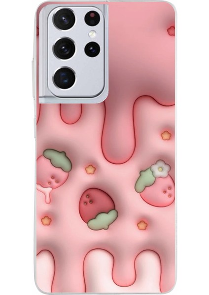Samsung Galaxy S21 Ultra Uyumlu Çilekli Pasta Baskılı Silikon Kılıf