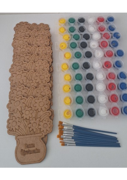 10'lu Vazolu Çiçek Canım Öğretmenim 10 Boya 10 Fırça Öğretmenler Günü Ahşap Aktivite Okul Sanat Seti