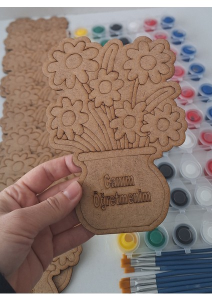 10'lu Vazolu Çiçek Canım Öğretmenim 10 Boya 10 Fırça Öğretmenler Günü Ahşap Aktivite Okul Sanat Seti fiyatları