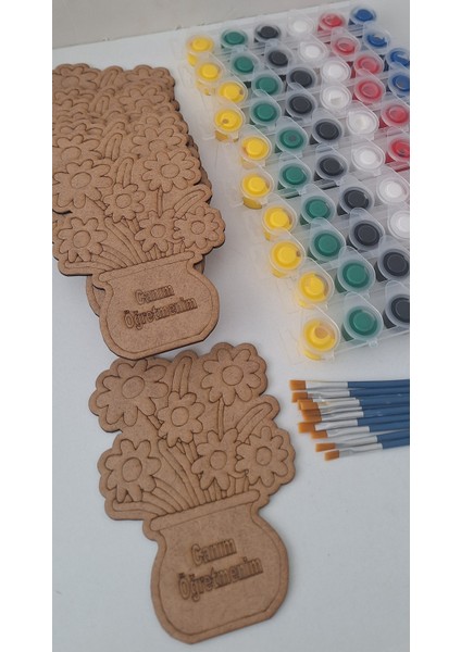 10'lu Vazolu Çiçek Canım Öğretmenim 10 Boya 10 Fırça Öğretmenler Günü Ahşap Aktivite Okul Sanat Seti indirimleri