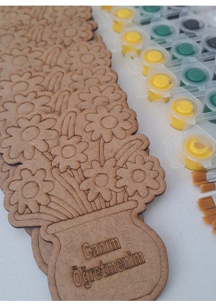 10'lu Vazolu Çiçek Canım Öğretmenim 10 Boya 10 Fırça Öğretmenler Günü Ahşap Aktivite Okul Sanat Seti