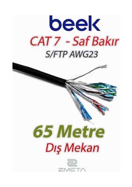 Cat7 - 65 Metre Saf Bakır S/ftp AWG23 Spe Dış Mekan Data Kablosu, Siyah Renk