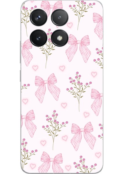 Poco F6 Pro Uyumlu Pembe Çiçek ve Fiyonklar Baskılı Silikon Kılıf